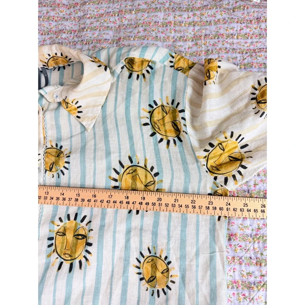 Anthropologie Sun Face Striped Linen Blend Button Down Shirt Blue‎ Yellow Small